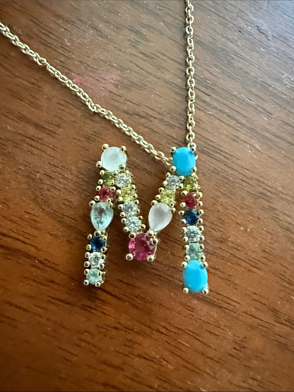 Gold Initial 'M' Multi-Gemstone Necklace - Turquoise & Pink Accent